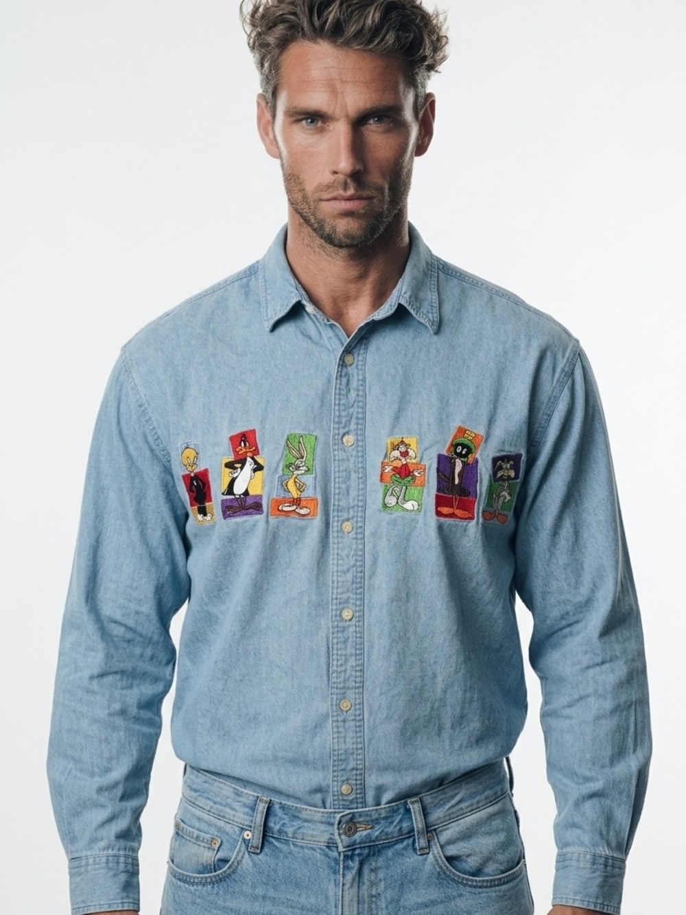Warner Bros. Light Blue Denim Button-Down Shirt with Multicolor Cartoon Patches - Picture 2 of 9